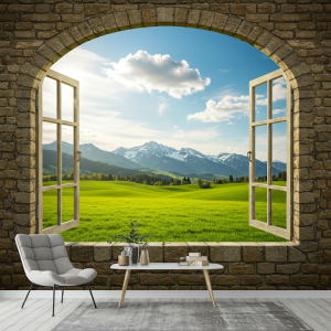 Arched Window with Distant View 3D Wallpaper Mural. Creating the illusion of a window looking out onto a scenic landscape.