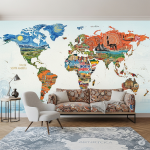 Art Styles Map. Each continent features an illustration in a different art style (e.g., Impressionist Europe, Aboriginal Art Australia, Pop Art USA).