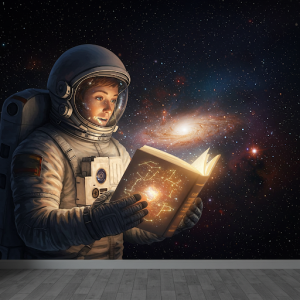Astronaut Reading a Book of Stars 3D Wallpaper Mural.