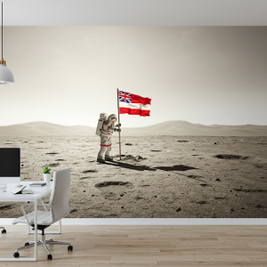 Astronaut planting a flag on a lunar-like surface, office mural.