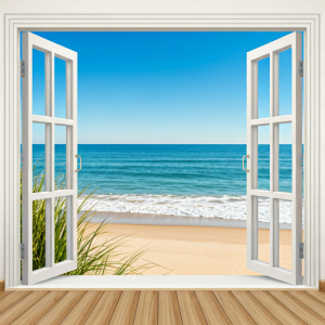 3d Beach wallpaper. View with a window wallpaper mural. 