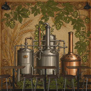 Beer Hops & Barley Bar Mural: A rustic and textured depiction of hop vines, barley stalks, and brewing equipment.
