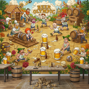 Beer Olympics Wallpaper: Cartoon characters competing in beer-related events.