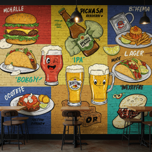Beer and Food Pairings Restaurant Bar Wallpaper. Funny illustrations of perfect food match with different beers.