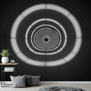 Black and white wallpaper mural with subtle light variations.