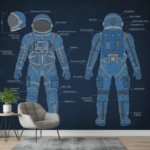 Blueprint of a Spacesuit Wallpaper Mural of a detailed, technical-style blueprint of an astronaut's suit.