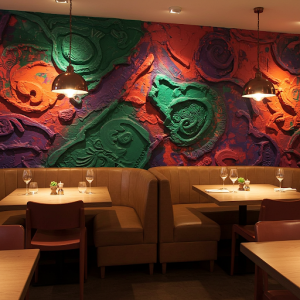Bold, multi-colored 3D wallpaper in a restaurant can serve as striking focal points, injecting energy and personality into the restaurant's ambiance.