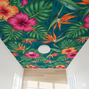 Bold tropical blooms ceiling wallpaper mural. 