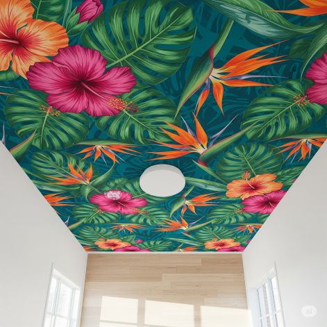 Bold tropical blooms ceiling wallpaper mural. Bold tropical blooms ceiling wallpaper mural.