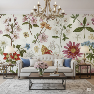 Botanical Illustration on Silk Living Room Wallpaper Mural. 
