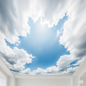 Bright Daytime Sky with Fluffy Clouds 3D Ceiling Wallpaper Mural