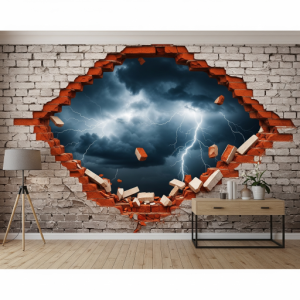 Broken Wall Illusion 3D Wallpaper Mural. The brick wall has crumbled away in a section, revealing a stormy sky.