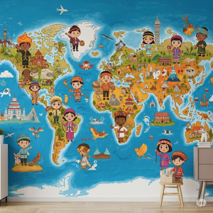 Cartoon Character Explorers. A World map mural featuring friendly cartoon characters on adventures across different continents, wearing traditional attire.