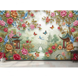 Chinoiseries Garden, Oriental Roses and Birds 3d Wallpaper Mural