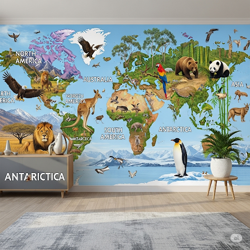 Classic Continent Animals World Map Wallpaper Mural. Each continent prominently features its most famous animals (e.g., lion in Africa, kangaroo in Australia, panda in Asia). Classic Continent Animals. Each continent prominently features its most famous animals (e.g., lion in Africa, kangaroo in Australia, panda in Asia).