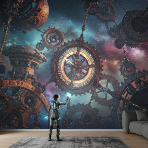 Clockwork Universe 3D Wallpaper Mural of an astronaut interacting with giant, intricate gears and mechanisms in space.