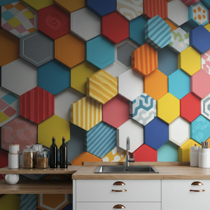 Colorful overlapping hexagonal tiles create a mosaic kitchen wallpaper mural effect with a 3D pop-out illusion.