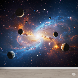 Combined Space Elements Mural. A mural that incorporates planets, stars, galaxies, and nebulae in a cohesive and visually stunning design.
