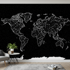 Constellation World Map (Black Background, White Continents/Stars) Wallpaper Mural