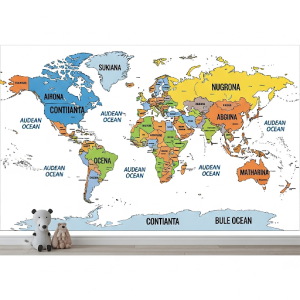 Continents & Oceans Labeled Wallpaper Mural. A clear, simple map ideal for younger learners.