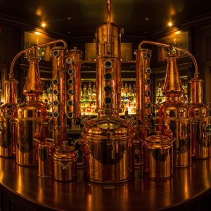 Copper Brewing Kettles Restaurant Bar Mural. Gleaming copper stills and kettles.