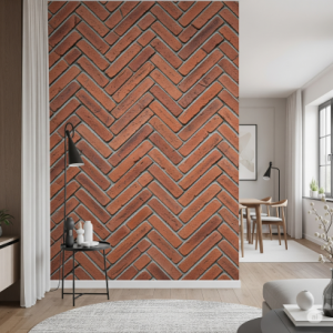 Herringbone Pattern 3d Red Brick Wallpaper Mural. A classic and elegant arrangement of bricks laid in a zig-zag pattern, adding visual interest.
