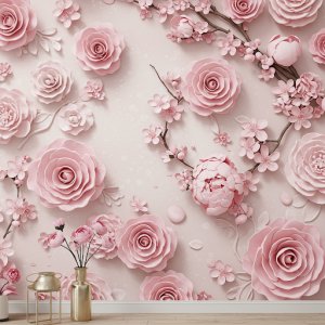 Delicate pink floral 3D mural for girls' bedroom. 