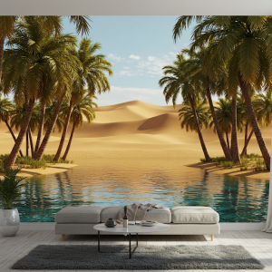 Desert Oasis 3D Wallpaper Mural: Palm trees and a shimmering pool contrast with arid dunes.