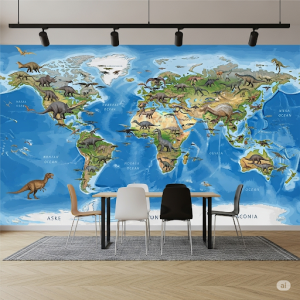 Dinosaur Discovery Map. Dinosaurs are placed on continents where their fossils were found.