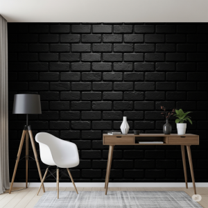 Dramatic & Moody Black 3D Brick Wallpaper Mural. Perfect for creating a bold statement. Black brick absorbs light, creating a cosy and atmospheric space, ideal for entertaining and relaxation.