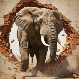 Elephant breaking through a wall 3D brick wallpaper mural.