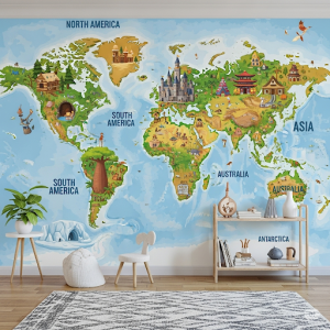 Fairy-tale Villages, Children's World Map Wallpaper Mural. 