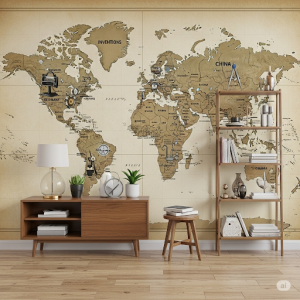 Famous Inventions World Map Wallpaper Mural. Icons representing significant inventions are placed on the map in their countries of origin. 