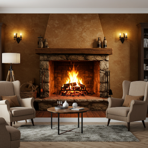 Fireplace with Cozy Interior View Mural. Creating the warmth and ambiance of a fireplace.