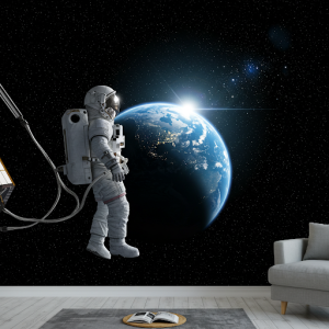 Floating in the Void, wallpaper mural. A solitary astronaut tethered, gazing at a distant Earth.