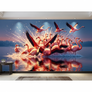 Flock of Flamingos Taking Flight. A dynamic 3D mural where a vibrant pink flock of flamingos appears to burst off a shimmering lake surface, creating a sense of movement and color.