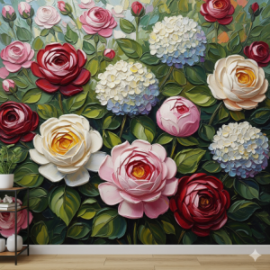 Flowers wallpaper mural rendered in a 3D oil painting style, with visible "brush strokes" and a thick, textured appearance.