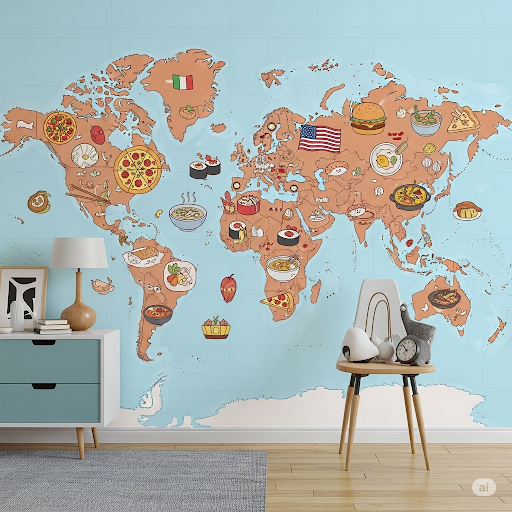Foodie World Tour Wallpaper Mural. Small, adorable illustrations of typical foods or ingredients from different countries (e.g., pizza in Italy, sushi in Japan). Foodie World Tour Wallpaper Mural. Small, adorable illustrations of typical foods or ingredients from different countries (e.g., pizza in Italy, sushi in Japan).