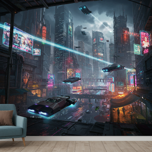 Futuristic Cyberpunk City Mural. An imaginative scene.