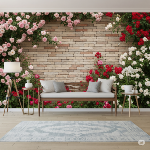 Garden Wall Illusion Wallpaper Mural. Bricks integrated with elements of a garden wall, showing climbing roses breaking through.