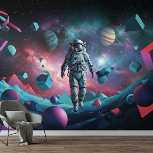 Geometric Space Mural of an astronaut navigating a surreal landscape of geometric shapes and celestial bodies.