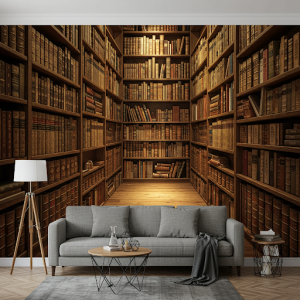 Giant Bookshelf 3D wallpaper mural with rows of classic books appearing to extend into the room. 