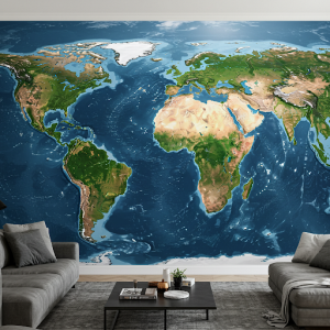 Giant World Map (Scenery Style) 3D Wallpaper Mural. A world map rendered with realistic terrain and depth.