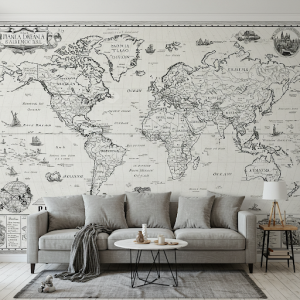 Hand-Drawn Style Black and White World Map Wallpaper Mural