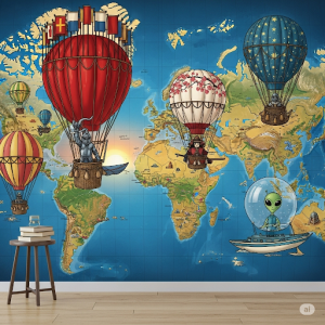 Hot Air Balloon Journey, A map wallpaper mural where hot air balloons travel between continents, each carrying a different theme or character.