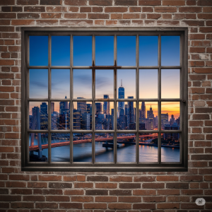 Industrial Chic Window with Cityscape. A large, multi-paned industrial-style window painted onto the brick wallpaper mural reveals a bustling city skyline at dusk.