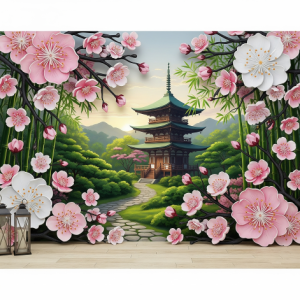 Japanese Pagoda Garden 3D Flower Wallpaper Mural.