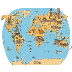Landmark Quest Wallpaper Mural. A map highlighting famous landmarks or wonders of the world with playful illustrations (e.g., Eiffel Tower, Pyramids, Great Wall).