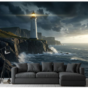 Lighthouse by the Sea 3D Scenery Wallpaper Mural. A solitary lighthouse stands against a dramatic coastline.