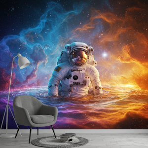 Liquid Galaxy Wallpaper Mural of an astronaut submerged in a pool of swirling, colourful galactic gases.